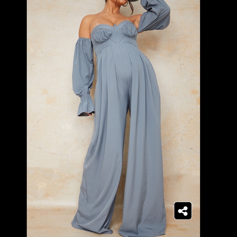 Maternity Blue Corset Detail Bardot Wide Leg Jumpsuit by PrettyLittleThing